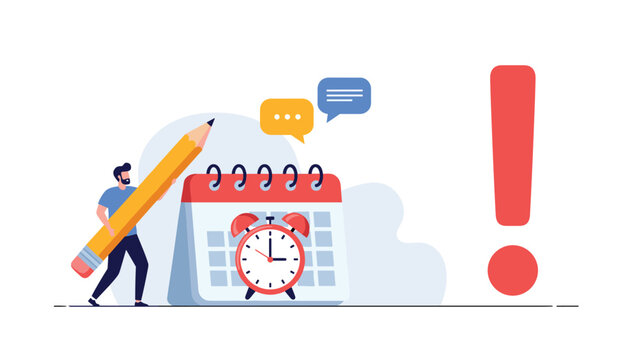 Professional man using a large pencil to schedule tasks on a calendar near a ringing alarm clock representing deadline management and planning.