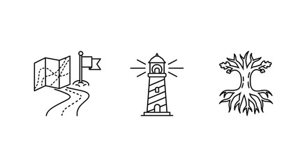Set of three line art icons representing journey, guidance, and growth.