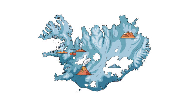 Stylized illustration of Iceland's unique geographical features, highlighting its prominent volcanic activity and expansive glaciers across the island, ideal for travel and educational content