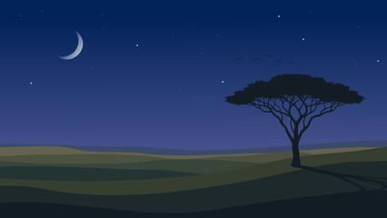 Vector illustration of a serene African savanna night featuring a moonlit sky, starry night, and lonely acacia tree silhouette. Minimalist safari style. © EkoPriyatno