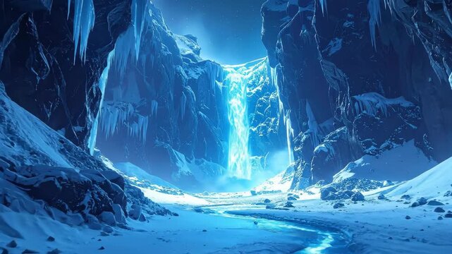 Frozen Ice Cave with Waterfall and Glacial Landscape.