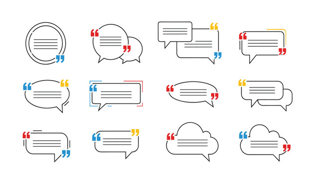 A collection of 12 colorful quote and speech bubble icons with quotation marks