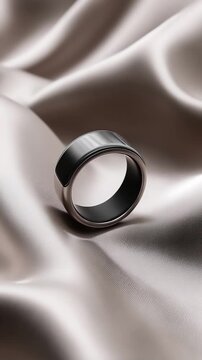 Close-up of a wide silver ring with a black inlay resting on soft satin fabric; a moody, minimalist jewelry shot with warm ambient lighting