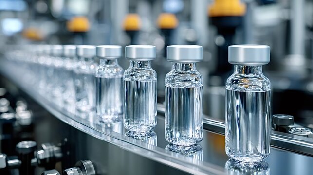 Clear glass vials filled with liquid medicine advancing on a stainless steel conveyor belt, showcasing an automated manufacturing process in a pharmaceutical factory for vaccine or drug production