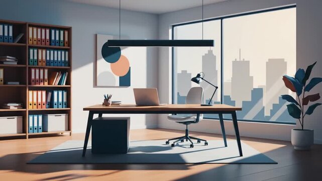 Modern Office Interior with City View and Working Desk