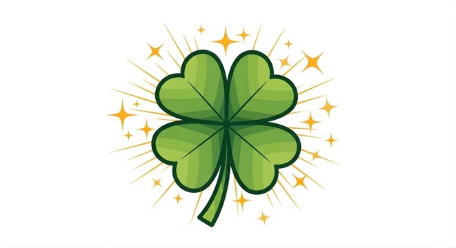 Lucky shamrock clover icon with sparkling light effects, symbolic illustration for St Patrick&rsquo;s Day and Irish celebration.