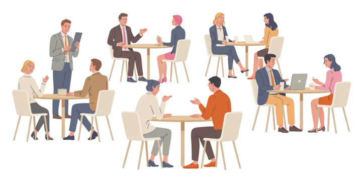 A vector illustration of a group of people sitting at tables and chatting in a modern setting