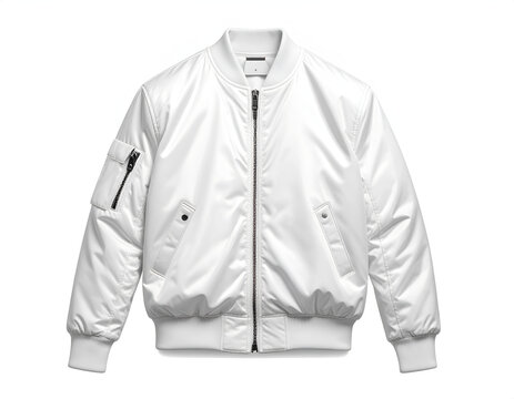 A sleek, white satin bomber jacket with utility pocket