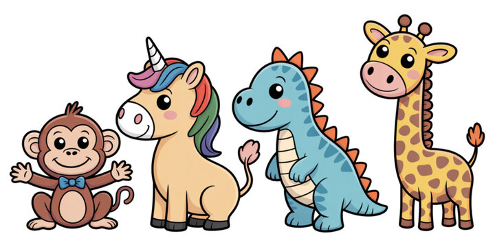 A colorful illustration of four cartoon animals, a monkey, unicorn, dinosaur, and giraffe, standing together in a fun and playful scene.