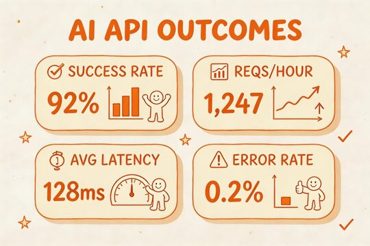 AI API Outcomes Overview Featuring Success Rate of 92 Percent and Requests Per Hour Exceeding 1247 with Minimal Average Latency and Low Error Rate Signifying System Efficiency