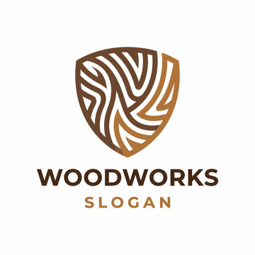 A creative logo featuring wood grains within a shield shape, representing craftsmanship and quality in woodworks, perfect for artisan businesses and workshops.