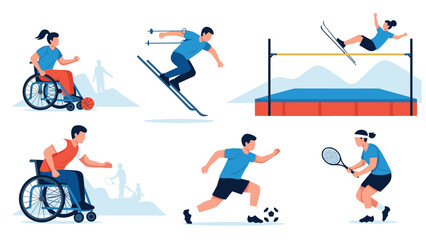 Fototapeta premium Diverse set of athletes practicing different sports including wheelchair basketball, skiing, tennis, and high jump.