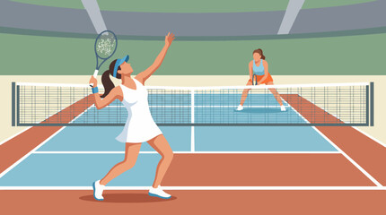 Fototapeta premium An illustration of two women engaged in a lively tennis match, showcasing athleticism and competition, ideal for sports, fitness, and active lifestyle themes.