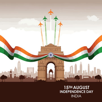 India Independence Day celebration with the Indian flag and airplanes over India Gate monument in Delhi
