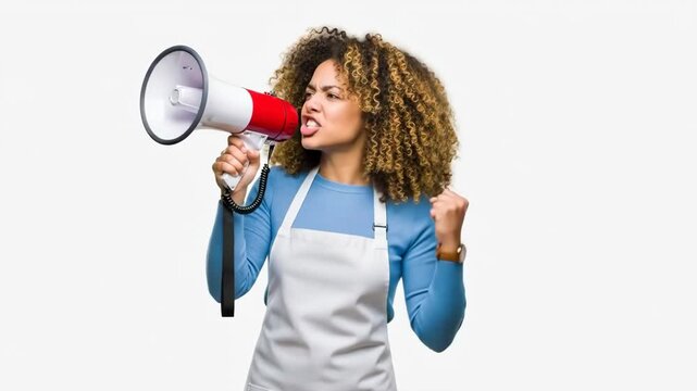 A young woman wearing an apron shouting through a megaphone in a promotional