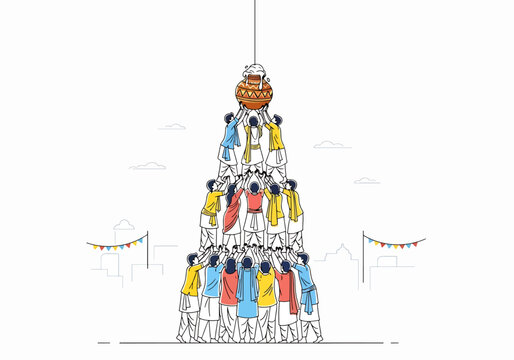Human Pyramid Breaking Dahi Handi Pot During Dahi Handi Festival Celebration With Creamy Curd Splashing