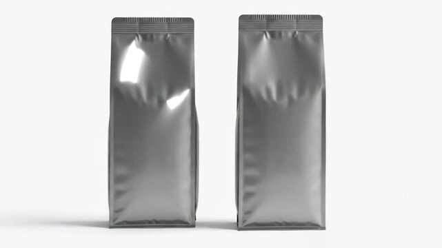 Two shiny silver foil pouches standing upright on a clean white background for product showcase