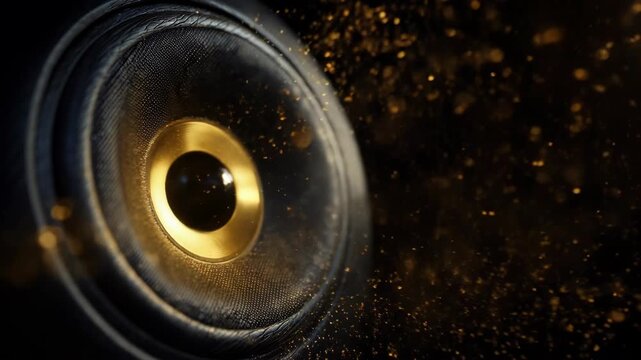 Golden speaker cone closeup with shimmering dust explosion sync with deep bass driven motion, dynamic energy, vibrant sound, dramatic lighting, abstract background, music vibration, gold dust