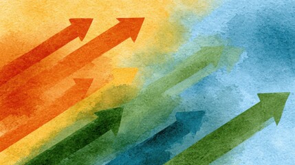 Watercolor style desk scene with flowing arrows representing professional growth and career development