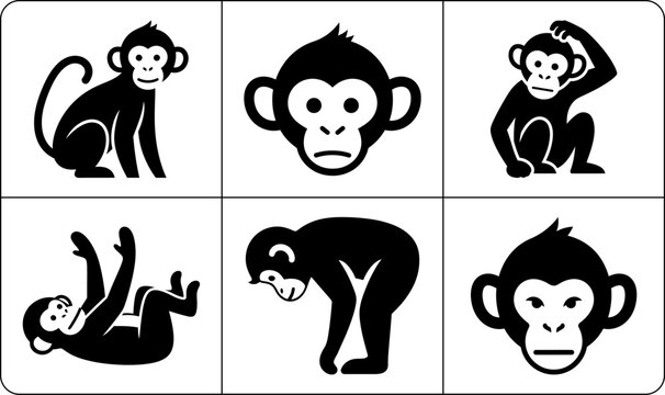 A set of six monkey silhouettes in different poses, showcasing their playful and curious nature, with a clean and simple white background.