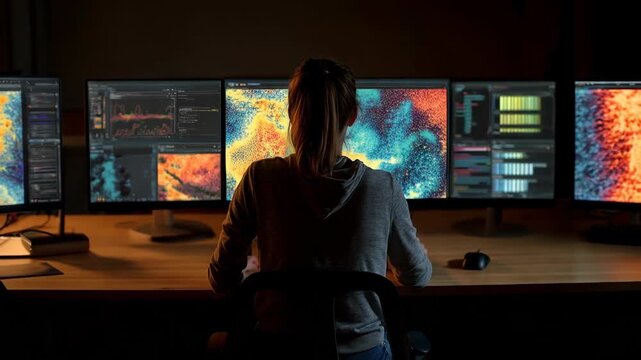 Woman workstation computer monitor screen with colorful ripple technology data analysis, modern coding night, multiple monitors display vibrant ripple patterns and data analysis on screens