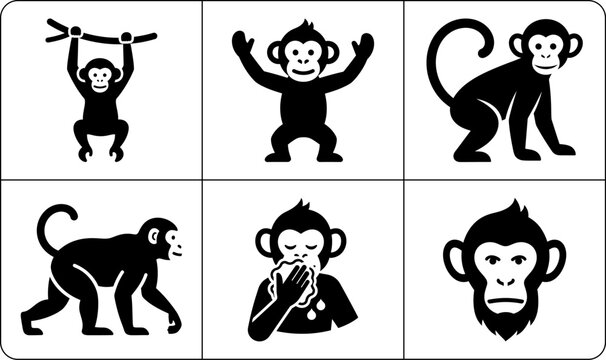 A set of six monkey silhouettes in different poses, including hanging, dancing, walking, and thinking, against a white background.