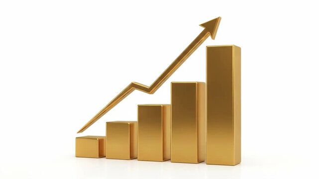 A showcasing a gold bar chart with an upward trend in growth and success