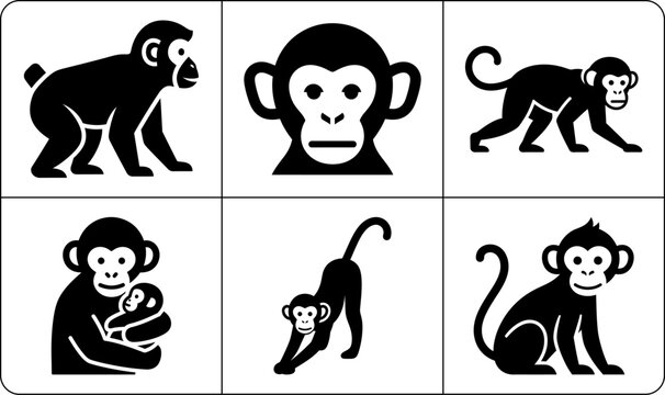 A collection of black monkey silhouettes in different poses, including a mother with baby, on a white background.