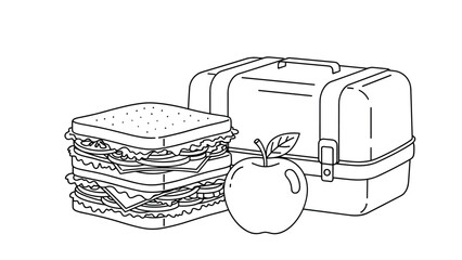 Simple outline drawing of a healthy packed lunch consisting of a large sandwich a fresh apple and a lunchbox.