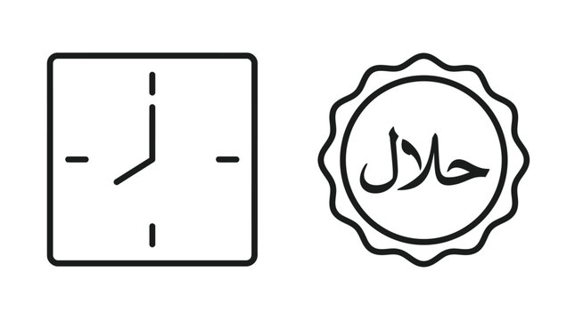 A clock and a halal logo are shown in black and white Vector