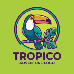 Fototapeta premium A vibrant logo featuring a toucan perched on a branch, representing adventure and tropical vibes, ideal for a travel or nature-related business or brand identity.