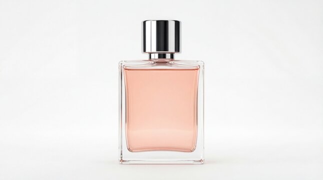 A square glass perfume bottle filled with light peach colored fragrance and a metallic silver cap