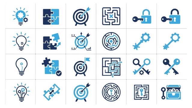 Strategy and solution icon set featuring light bulbs puzzles targets mazes locks keys and treasure chests