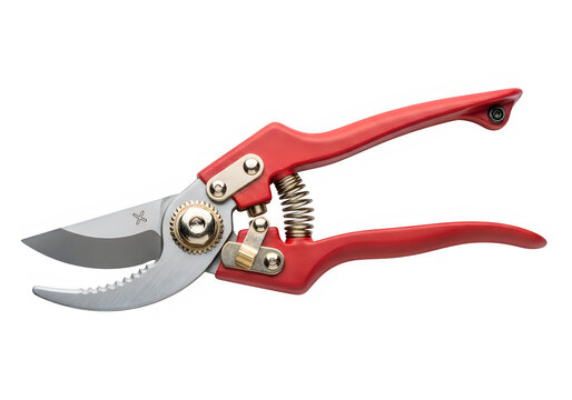 A pair of red handled pruning shears on a white background isolated on transparent background