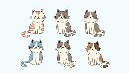 Fototapeta premium Cute cartoon cats with different coat patterns sitting on a light blue background