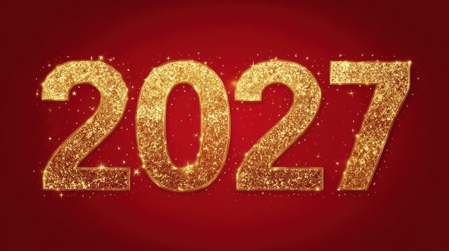 Glittering golden numerals display the year twenty twenty seven against a rich red background