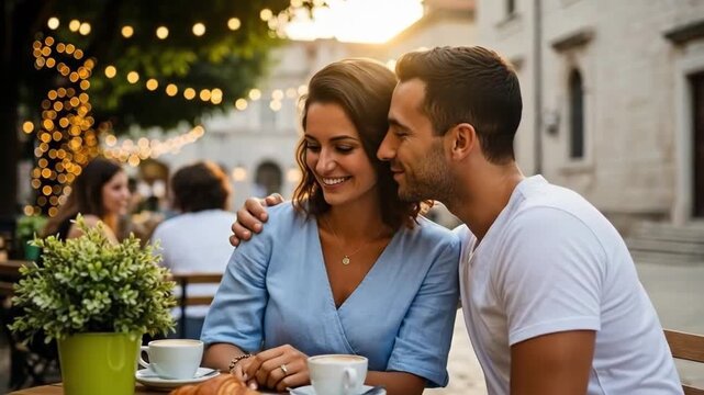 A romantic couple enjoying a coffee date at a charming outdoor cafe