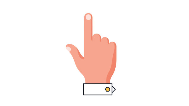 Human hand with a white shirt cuff and gold cufflink pointing the index finger upwards against a solid white background.