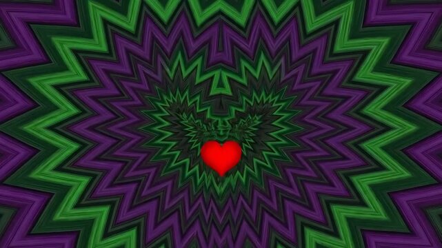 A vibrant red heart beats in the center of a mesmerizing green and purple pattern