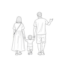 A family of three walking together holding hands isolated on white background