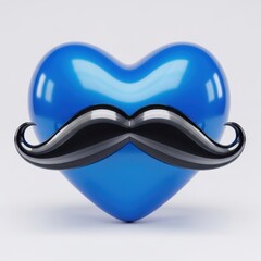 Blue heart with a black mustache on white background symbolizing love and humor