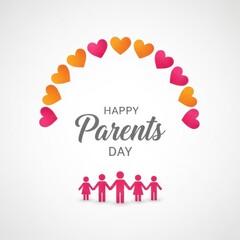 Happy parents day celebration with colorful hearts and family icons on white