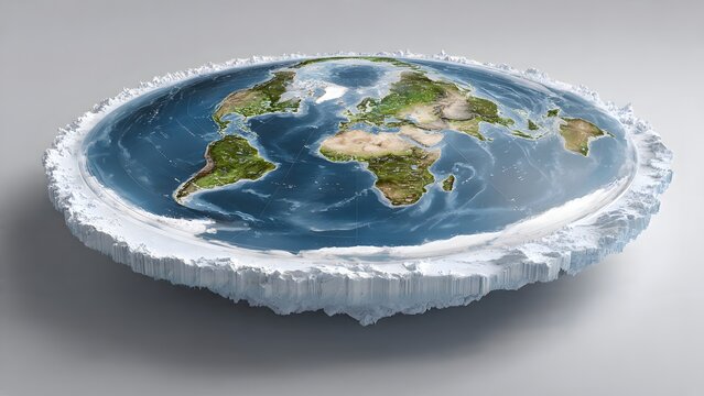 Conceptual flat earth model with blue oceans, green continents, and white ice wall illustrating an ancient theory