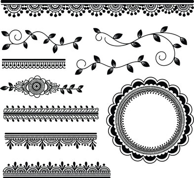 Set of Decorative Mehndi Borders and Floral Frames for Indian Wedding Invitation Design