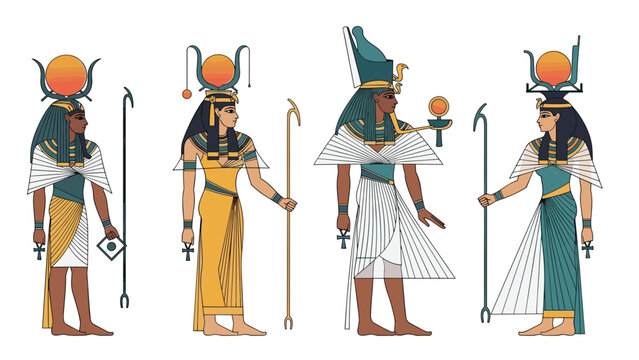 Line of four ancient Egyptian gods and goddesses including Isis and Hathor in traditional attire holding symbolic staffs.