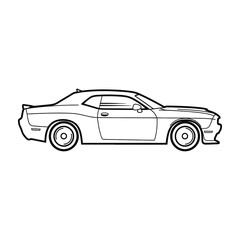 Side view of a black line drawing of a sports car on white background