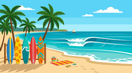 Obraz premium Sunny tropical beach with palm trees, colorful surfboards, and rolling ocean waves along a tranquil shoreline.