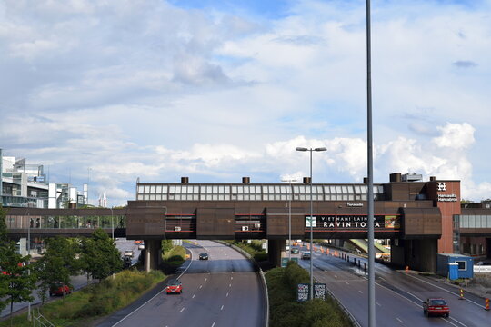 Hansasilta pedestrian bridge connecting Itis and Easton shopping centers in Helsinki, Finland.   4 September 2015.   