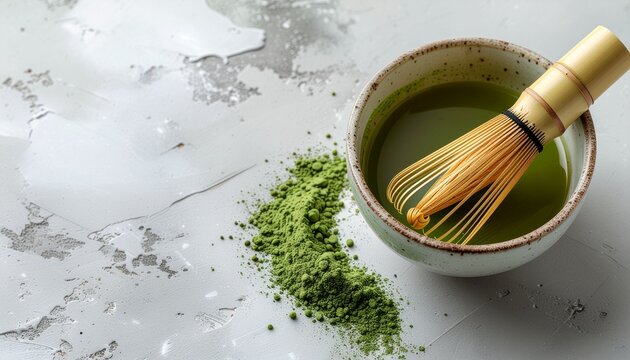 抹茶と茶筅　茶碗と抹茶パウダーのミニマルな静物写真