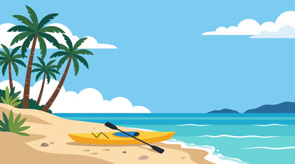 Obraz premium Sunny tropical beach scene with palm trees, blue ocean, and a small yellow kayak on the sandy shore.